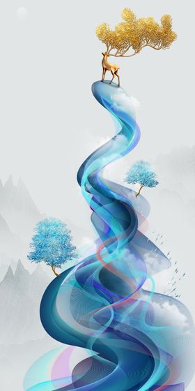山水画树鹿飘带玄关图