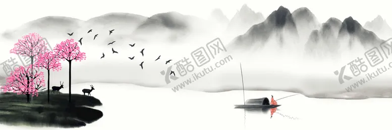 编号：63580210061531336930【酷图网】源文件下载-飞鸟水墨山水桃花装饰画