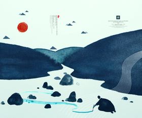山水古风壁画墙画背景素材