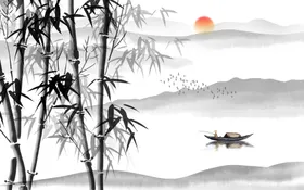 山水画风景火锅店泼墨壁纸