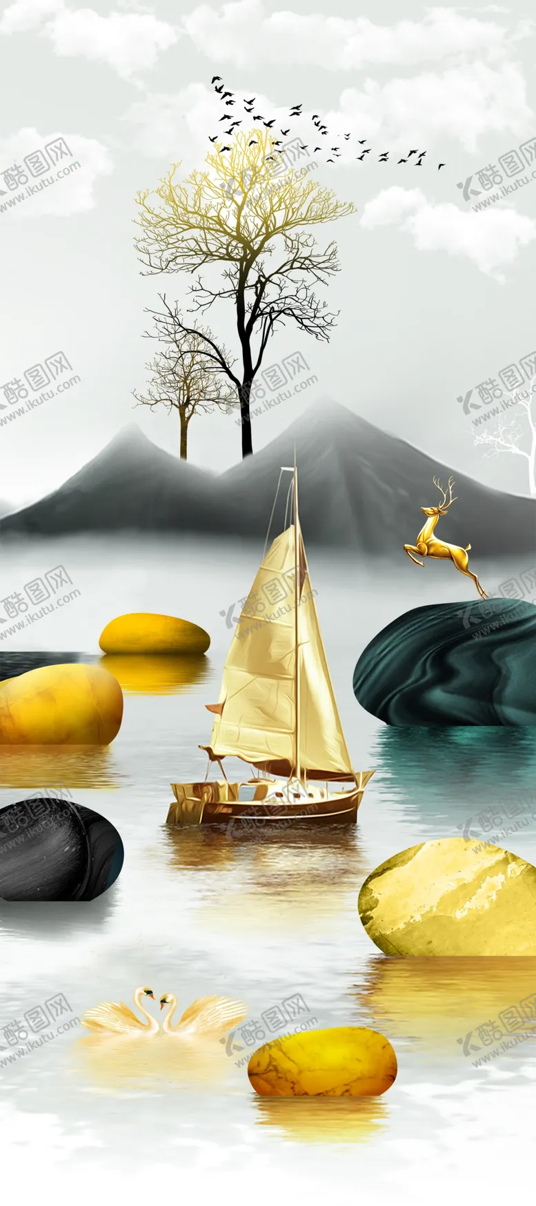 编号：21748610011726178502【酷图网】源文件下载-山水湖畔鹅卵石玄关挂画装饰画