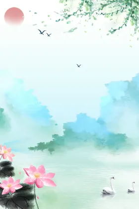 中国风背景工笔画山水画展板文艺