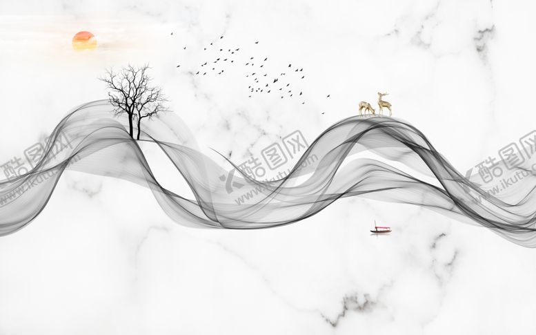 编号：18278209192026456551【酷图网】源文件下载-水墨画飘带鹿背景墙