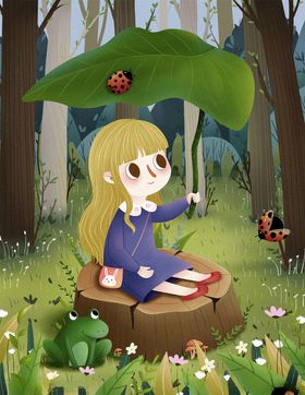 手绘绿叶青蛙女孩插画