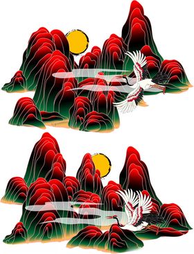 中式山水仙鹤日出插画