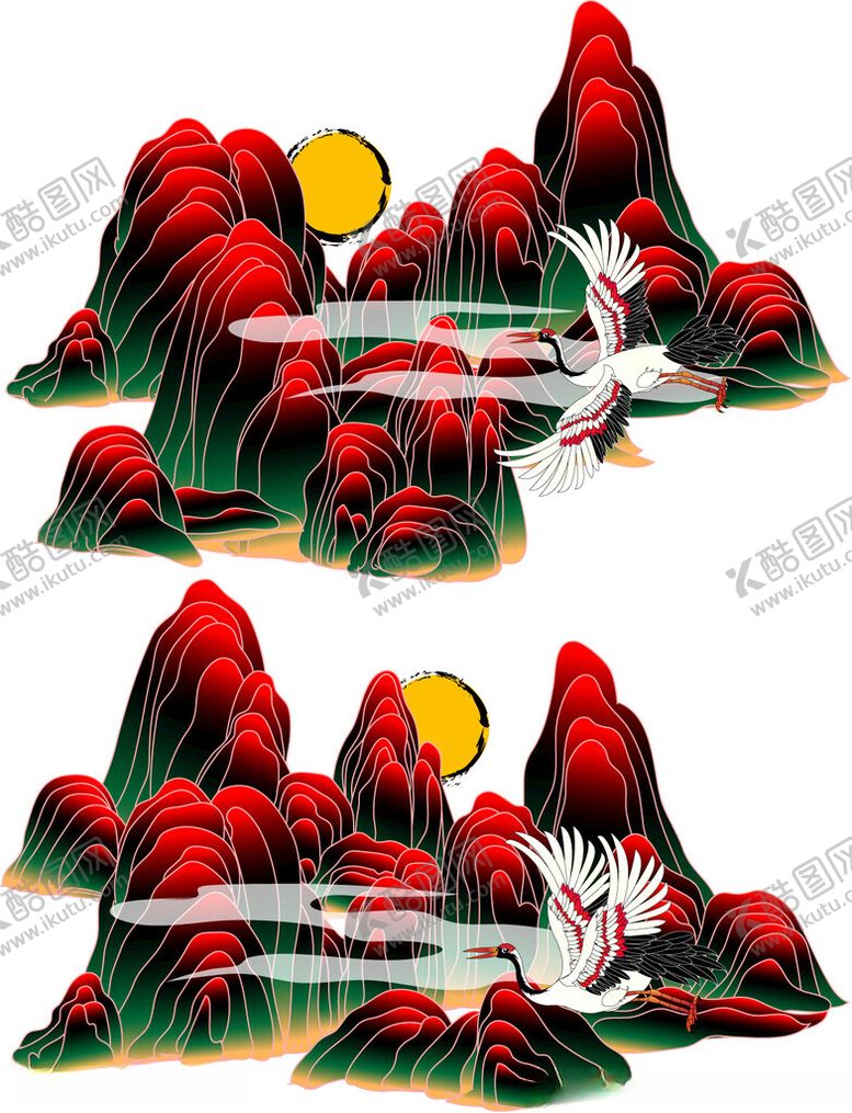 编号：58562711181940306700【酷图网】源文件下载-中式山水仙鹤日出插画