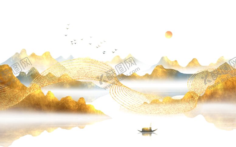 编号：44535702210241567731【酷图网】源文件下载-古风烫金山水插画背景