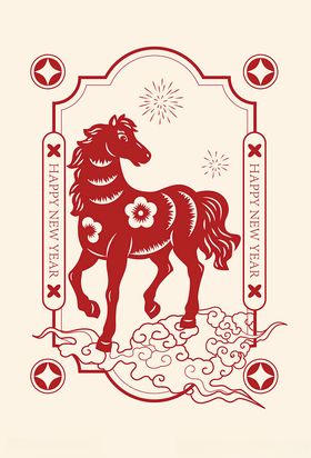 中式剪纸风奔腾骏马图案