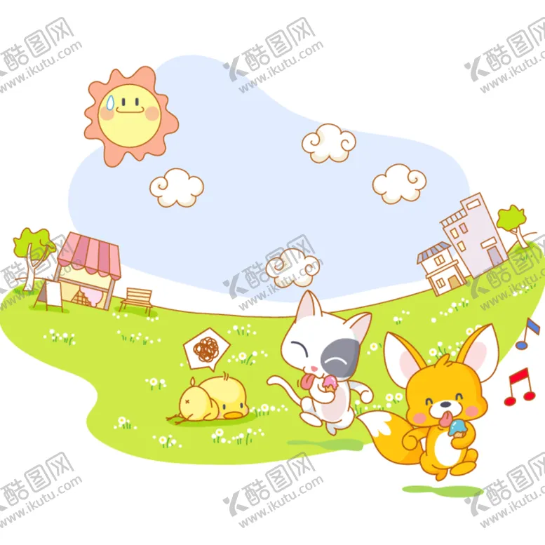 编号：61983612160012042376【酷图网】源文件下载-水彩狐狸猫草地风景画插画