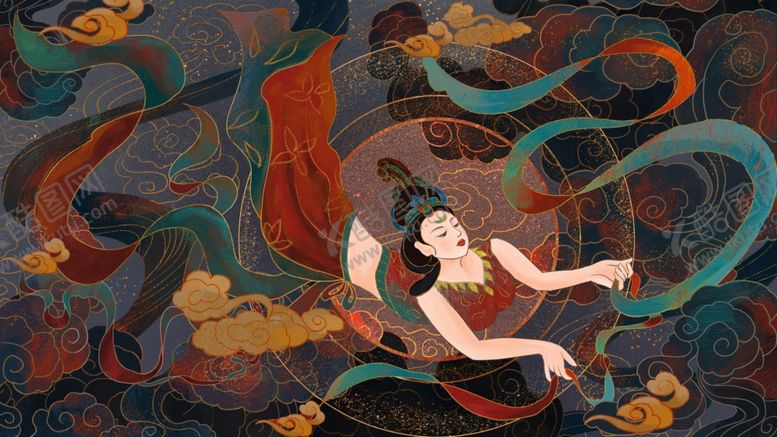 编号：25412904292248148607【酷图网】源文件下载-敦煌壁画仙女插画背景海报素材