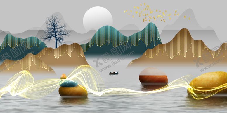 编号：87169309201429472380【酷图网】源文件下载-新中式意境山水石头渔船装饰画