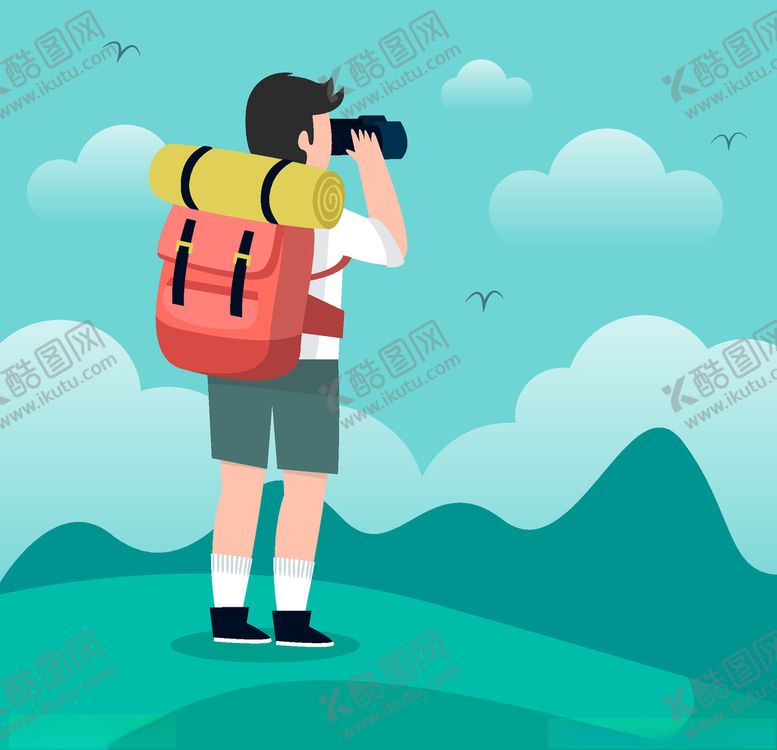 编号：34995707091148395330【酷图网】源文件下载-创意望远镜望风景的背包客矢量图