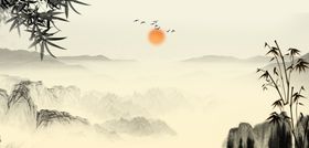 日出山水间竹影映晨景