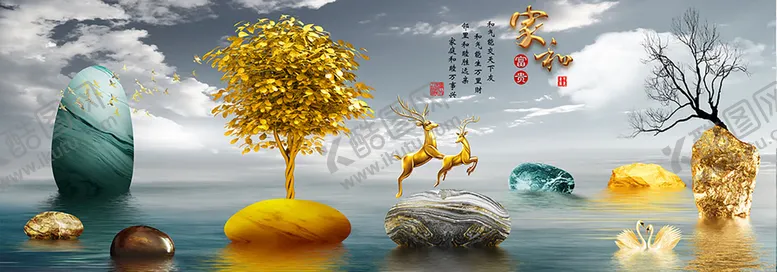 编号：72156409201442446483【酷图网】源文件下载-湖泊发财树艺术装饰画挂画