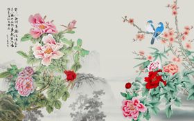 牡丹花鸟背景墙