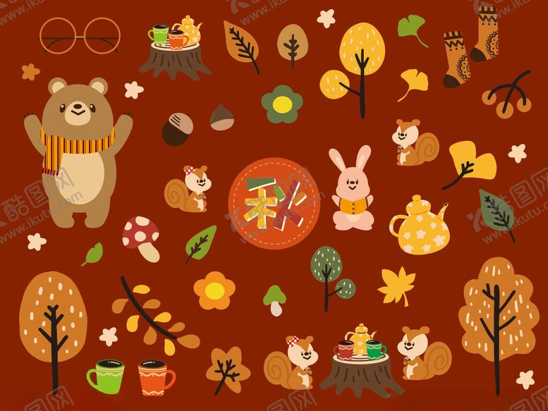 编号：94284609201706514169【酷图网】源文件下载-秋季森林动物与景物插画
