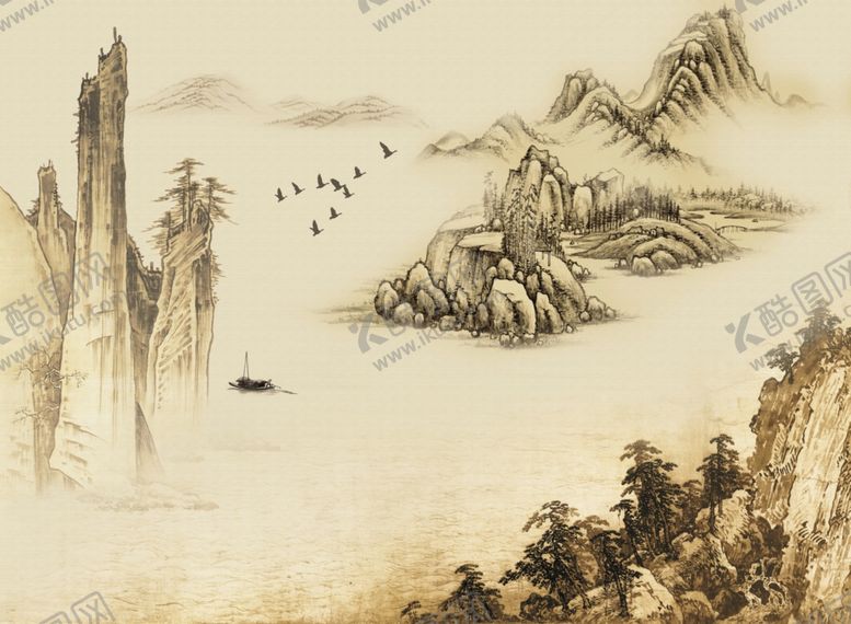 编号：31342910212107521380【酷图网】源文件下载-新中式水墨山水迎客松电视背景墙