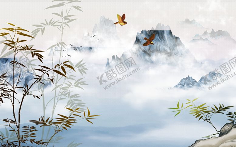 编号：55587210121101052643【酷图网】源文件下载-新中式竹子山水背景墙图片