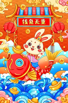 国潮兔年插画展架展板
