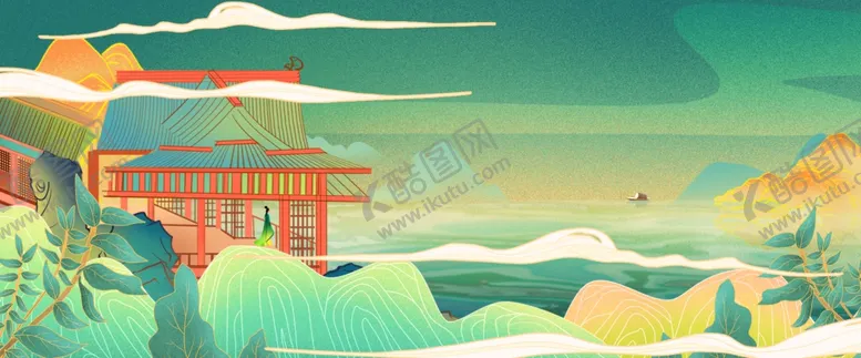 编号：39717305051727533857【酷图网】源文件下载-国潮山水工笔画建筑合成背景