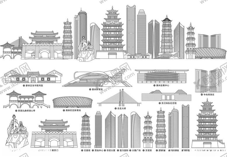 编号：31079105240205026848【酷图网】源文件下载-惠州城市建筑地标剪影集合
