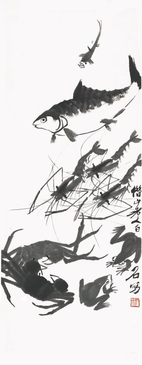 中式水彩鱼五连装饰画