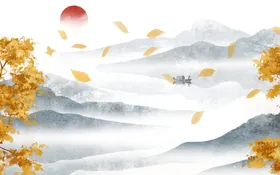中国风水墨山水画新式情飞鸟峦