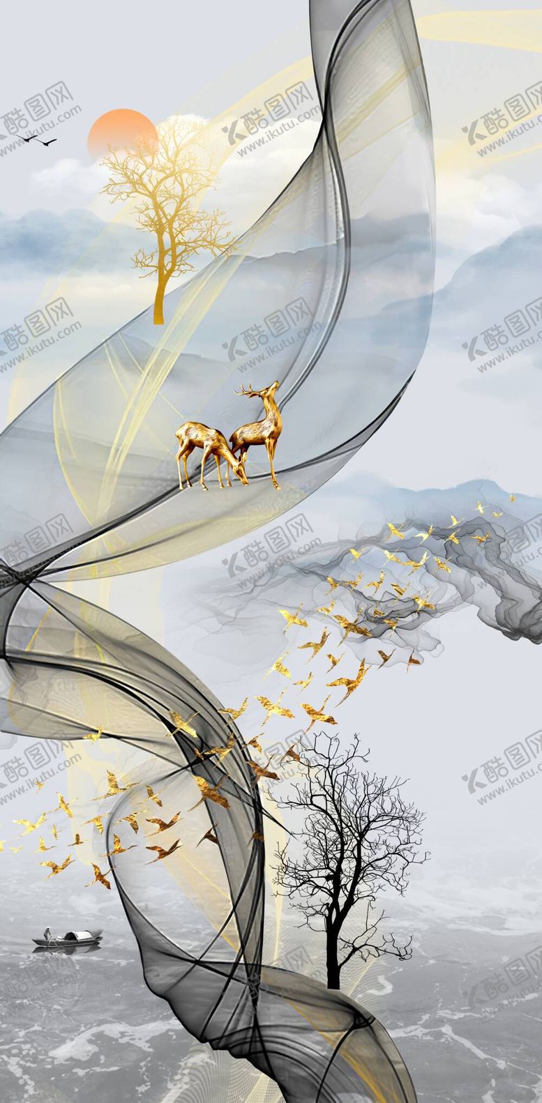 编号：47749810160440289847【酷图网】源文件下载-意境山水金色麋鹿玄关