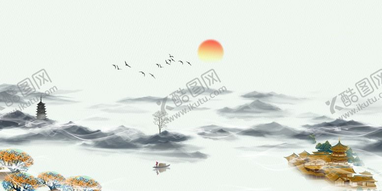 编号：82003909120415473921【酷图网】源文件下载-水墨山水间的落日飞鸟景