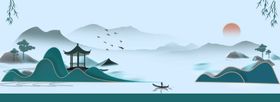 新中式山水鎏金仙鹤背景