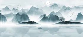 水墨画风景湖彩