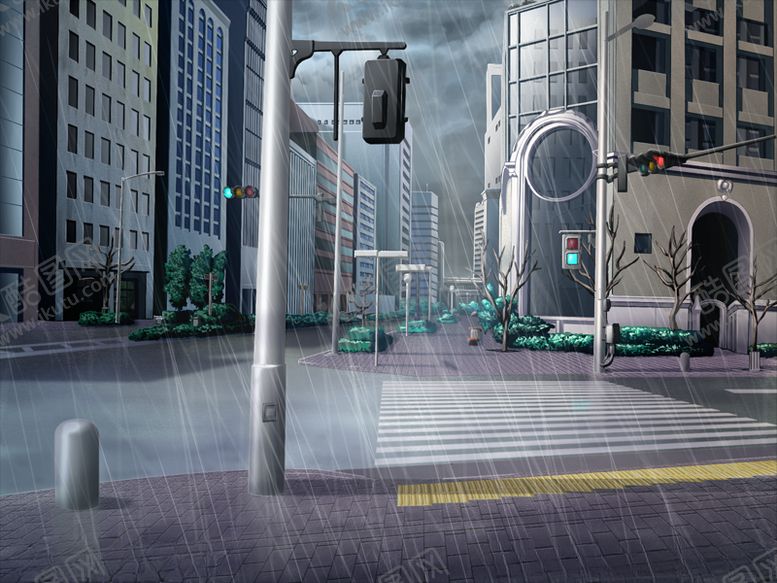 动漫雨天街景场插画背