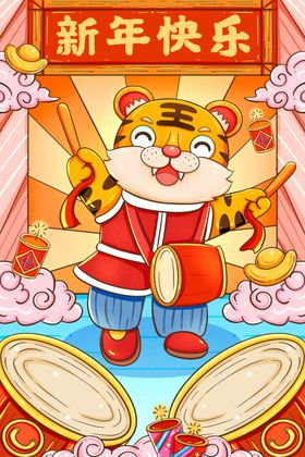 虎年插画海报剪纸新国潮字