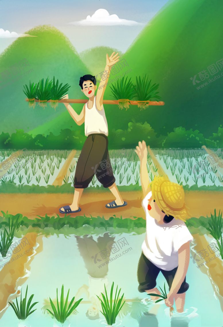 编号：78412309132019356516【酷图网】源文件下载-夏季田间插秧人物插画图片