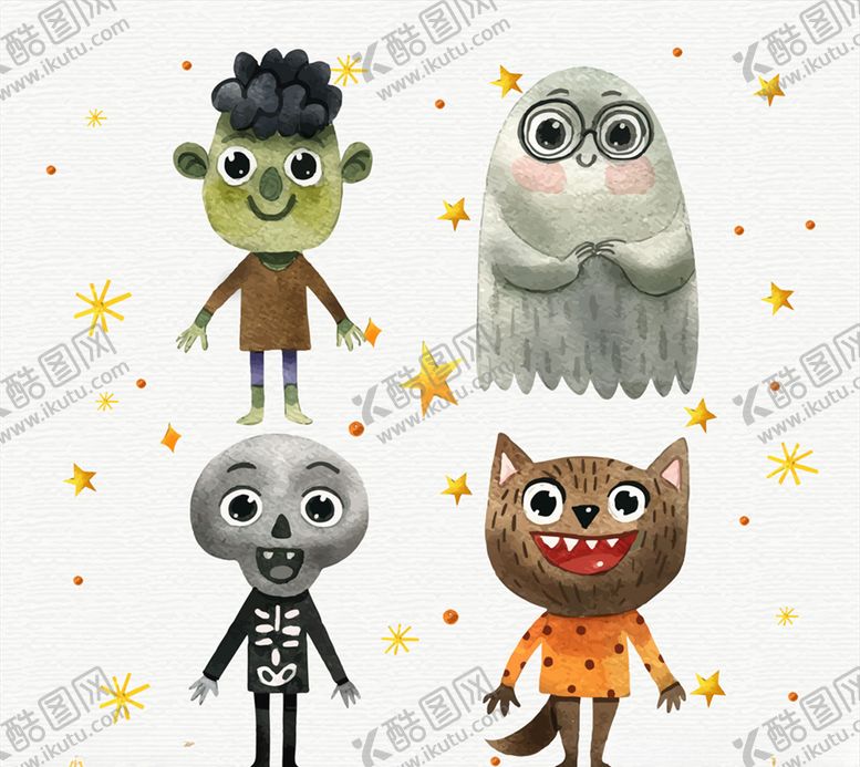 编号：99645110120916101603【酷图网】源文件下载-4款水彩绘可爱万圣节角色