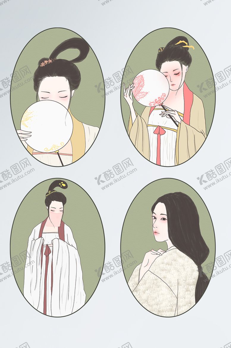 编号：49072110010855161604【酷图网】源文件下载-女性形象工笔画风格一套4张