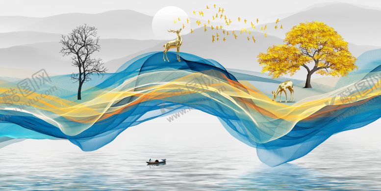 编号：44101109262057374375【酷图网】源文件下载-新中式水墨意境风景山水装饰画