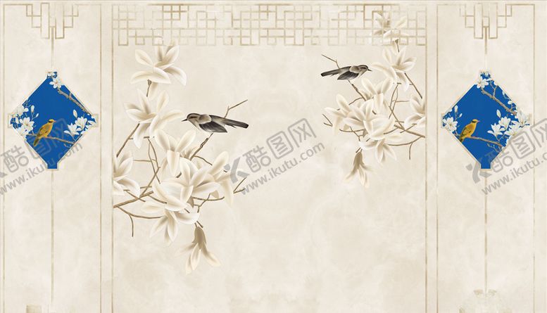 编号：98629205032000566231【酷图网】源文件下载-花鸟画玉兰框框背景墙