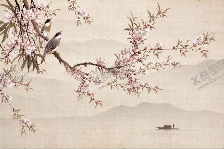 编号：52768410041833493207【酷图网】源文件下载-水墨山水简约花鸟背景客厅装饰画