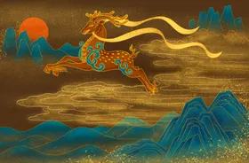 中国风插画鹿线描龙图