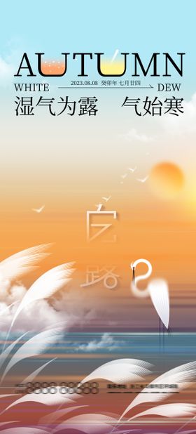 白露节气海报芦苇仙鹤创意