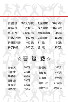 跆拳道价目表