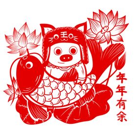 手绘新年剪纸虎和锦鲤鱼猪