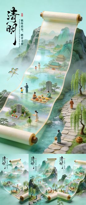 3D渲染清明节气踏青画卷海报