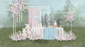 草坪户外蓝粉色婚礼迎宾区