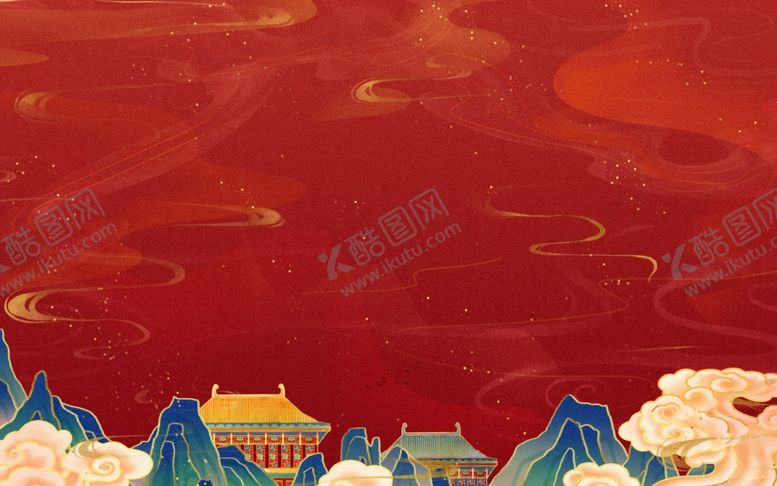 编号：99284901290802514137【酷图网】源文件下载-国潮背景红色喜庆假山阁楼新年
