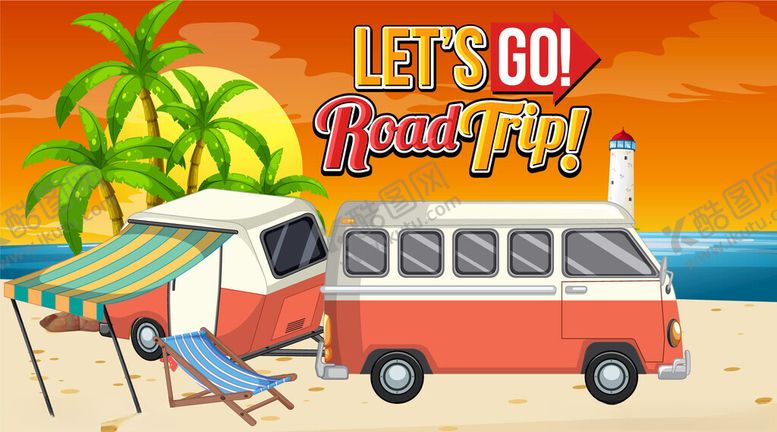 编号：49721509142222348938【酷图网】源文件下载-复古露营车开启海滩之旅