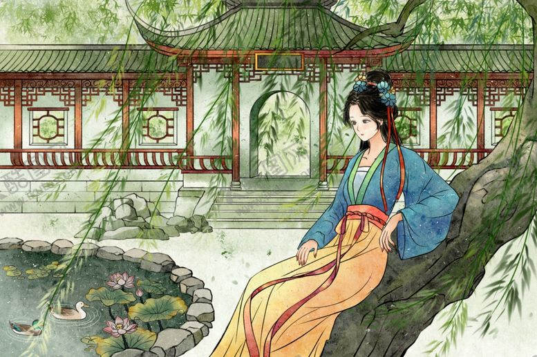 编号：34630310132142192431【酷图网】源文件下载-古风女子倚树赏景