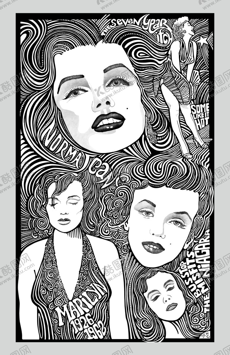编号：15339909151249353061【酷图网】源文件下载-黑白装饰画线描人物艺术海报