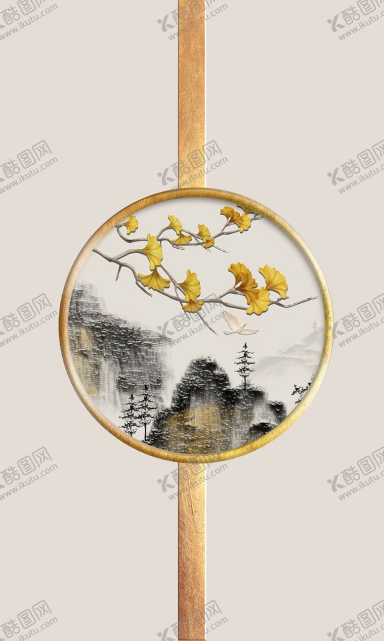 编号：65402109212139257528【酷图网】源文件下载-中式山水银杏叶国画装饰画